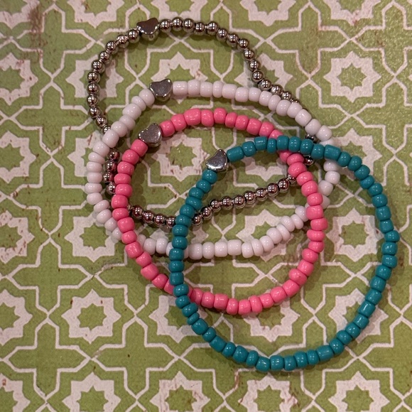 Pastel Heart Beaded Stretch Bracelet Stack โ Teal, Pink & White โ 4 Piece Set - Picture 8 of 9